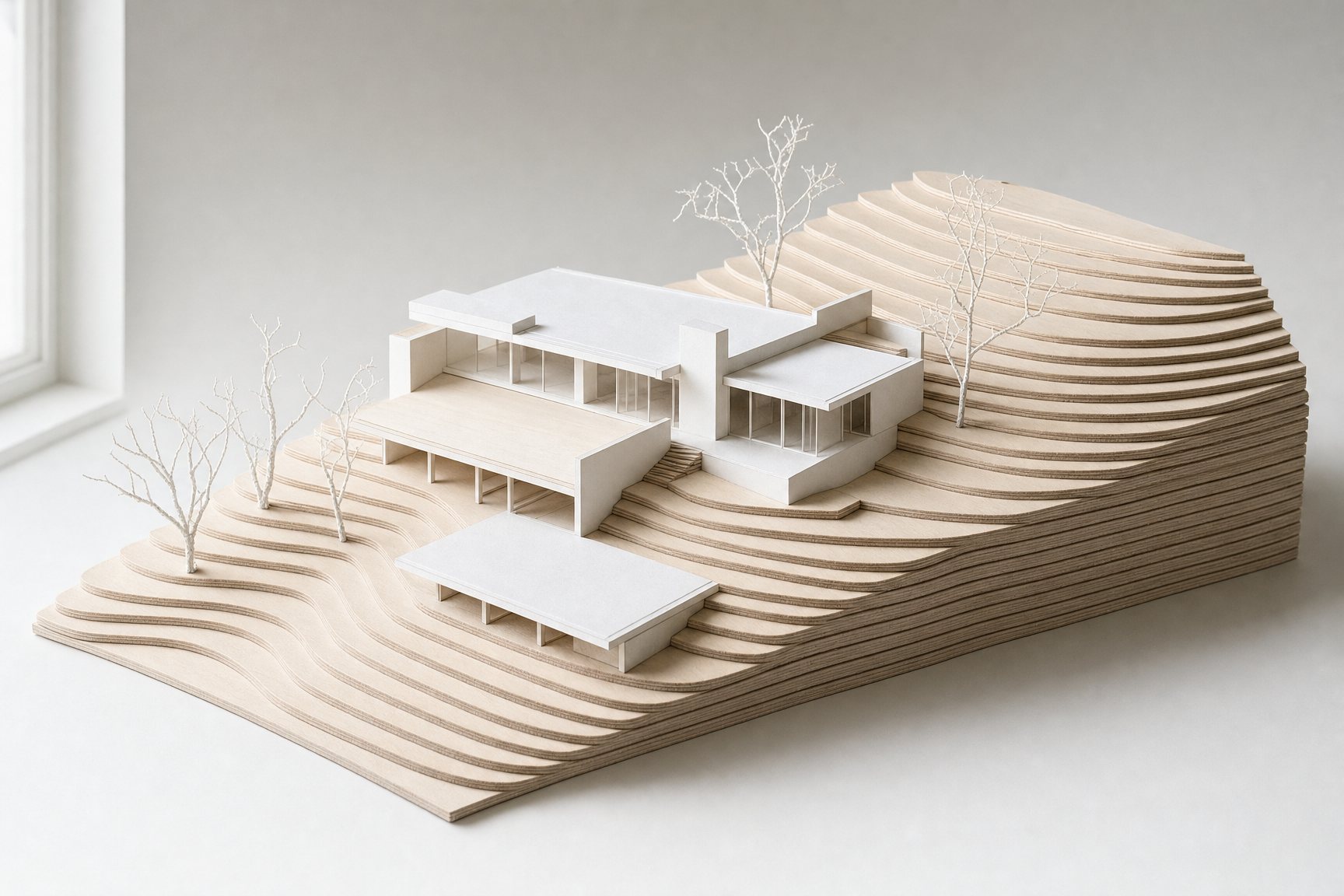 Weißes Architekturmodell eines Hauses auf einem Geländemodell aus Holzschichten (KI-Render)